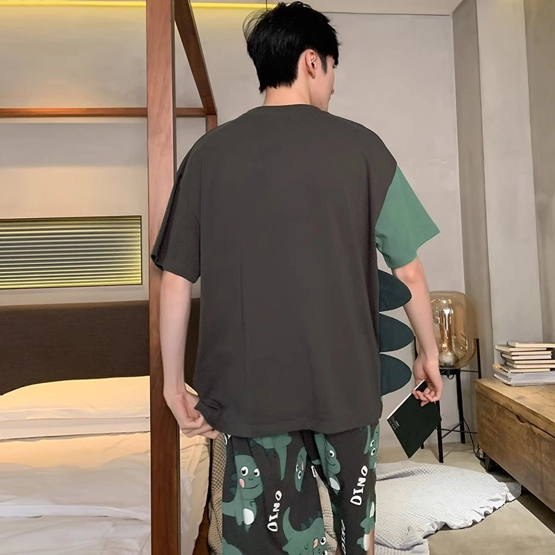 怀尔蔚 可爱小恐龙印花圆领套头短袖睡衣套装 男款 绿色
