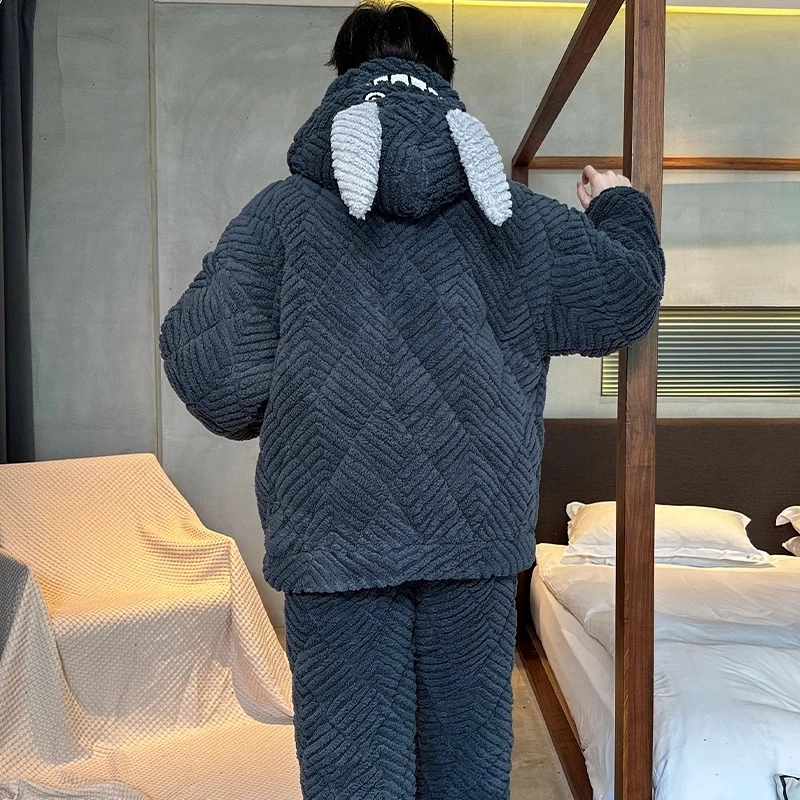 怀尔蔚 卡通连帽珊瑚绒加绒加厚三层夹棉保暖可外穿家居服睡衣套装 男款