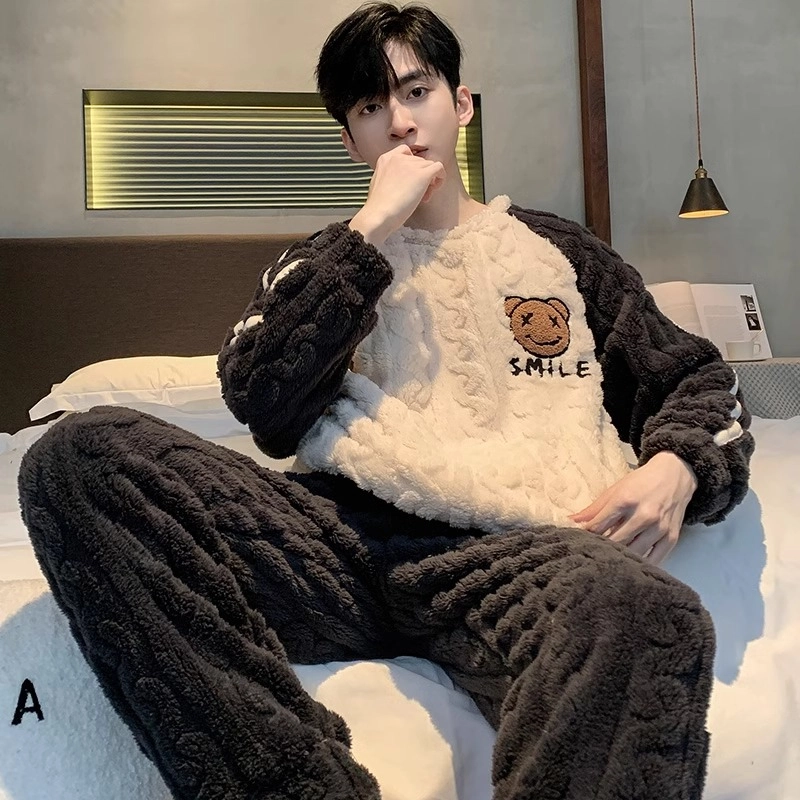 怀尔蔚 珊瑚绒拼色字母卡通动漫刺绣加厚加绒保暖可外穿睡衣套装 男款 绒男