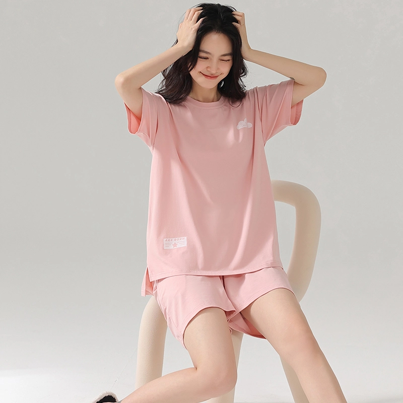怀尔蔚 舒适透气圆领短袖上衣可外穿家居服三分裤睡衣套装 女款 图片色