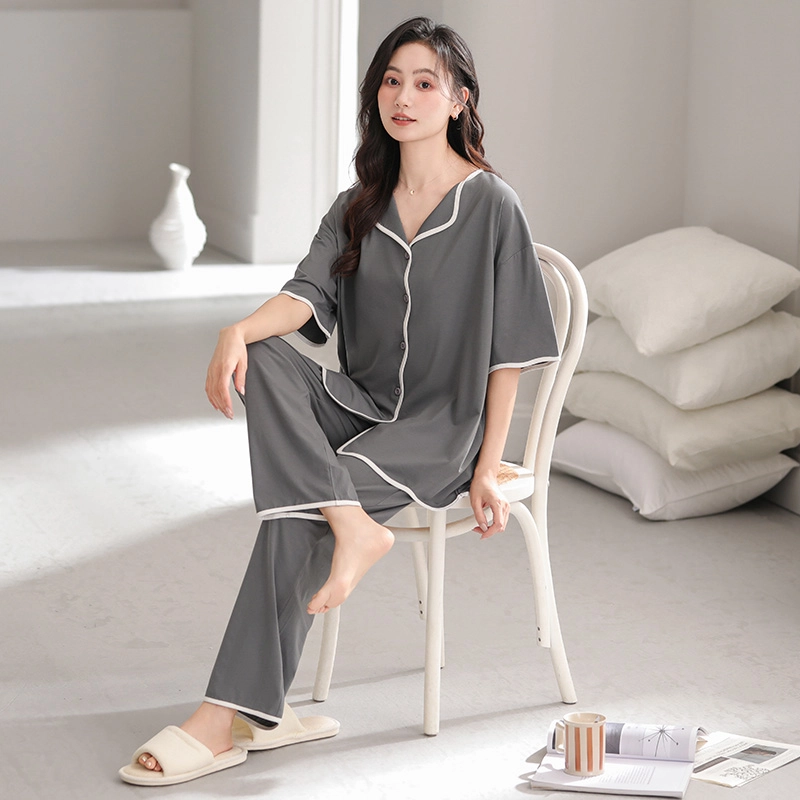 怀尔蔚 舒适纯色透气短袖长裤家居服可外穿睡衣套装 女款 图片色