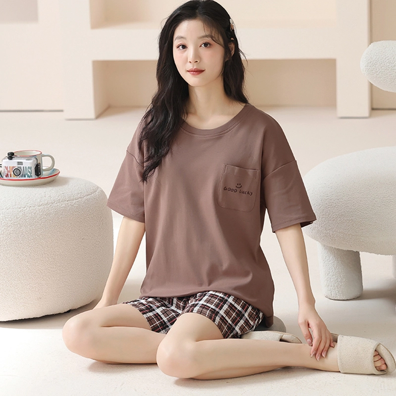 怀尔蔚 条纹休闲短袖薄款透气短裤睡衣套装 女款