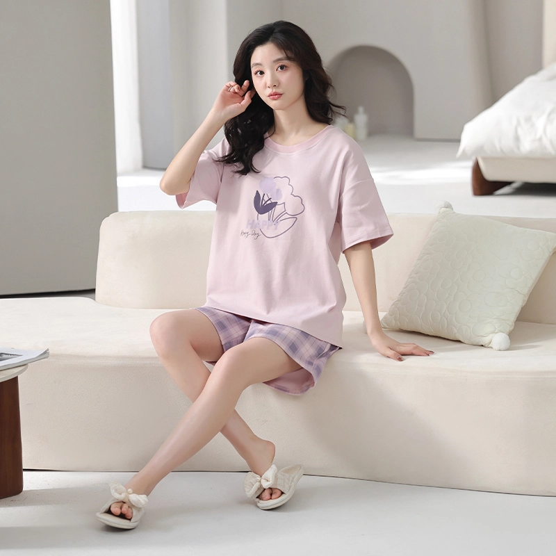 怀尔蔚 舒适透气甜美短袖上衣格子可外穿三分裤睡衣套装 女款 图片色