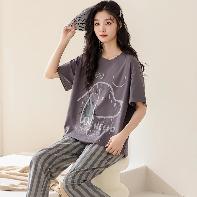 怀尔蔚 小狗印花圆领上衣条纹撞色长裤睡衣套装 女款 灰色