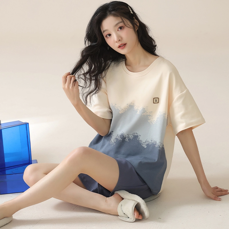 怀尔蔚 渐变撞色印花休闲短袖薄款透气亲肤短裤睡衣套装 女款 图色