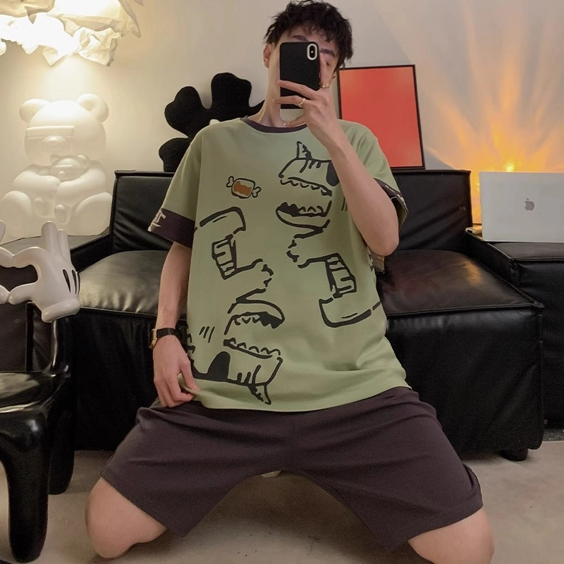 怀尔蔚 时尚卡通恐龙印花圆领套头短袖上衣纯色简约亲肤舒适可外穿家居短裤睡衣套装 男款 绿色