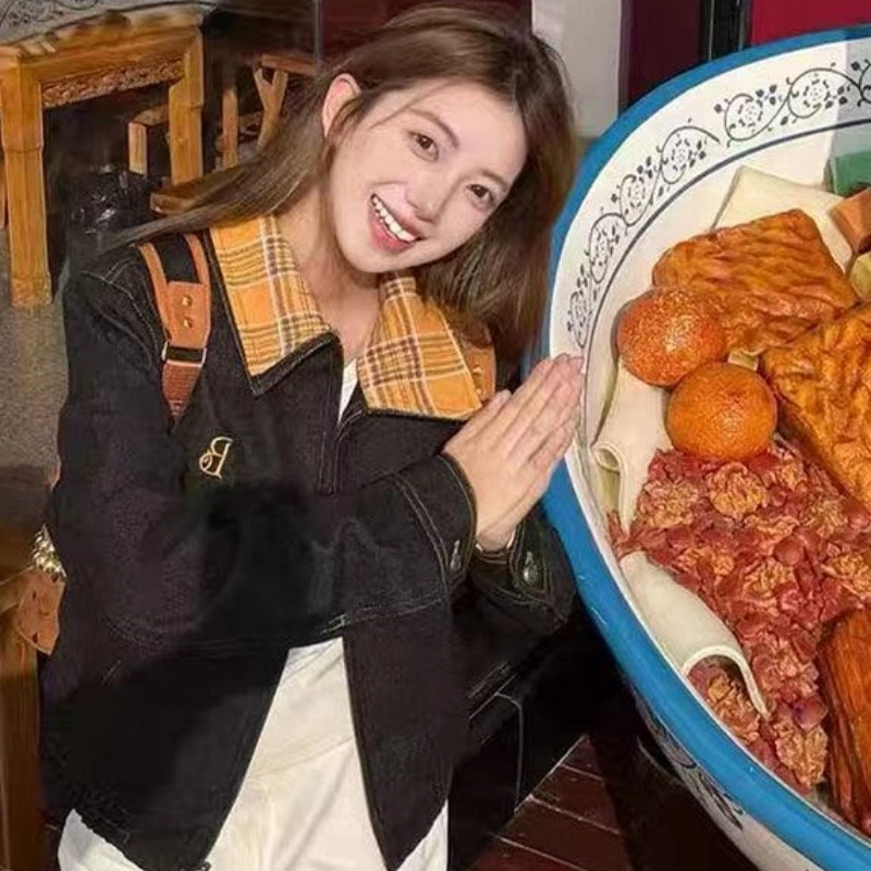 悍戈 美式复古假两件拼接格纹翻领原牛丹宁拉链工装休闲短款夹克牛仔外套 男女同款