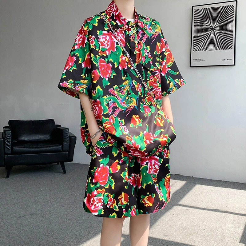 零氏 东北大花风格痞帅速干服饰衣大码宽松薄款五分裤痞帅翻领短袖休闲运动套装 男女同款