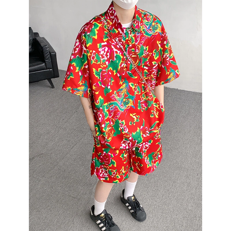 零氏 东北大花风格痞帅速干服饰衣大码宽松薄款五分裤痞帅翻领短袖休闲运动套装 男女同款