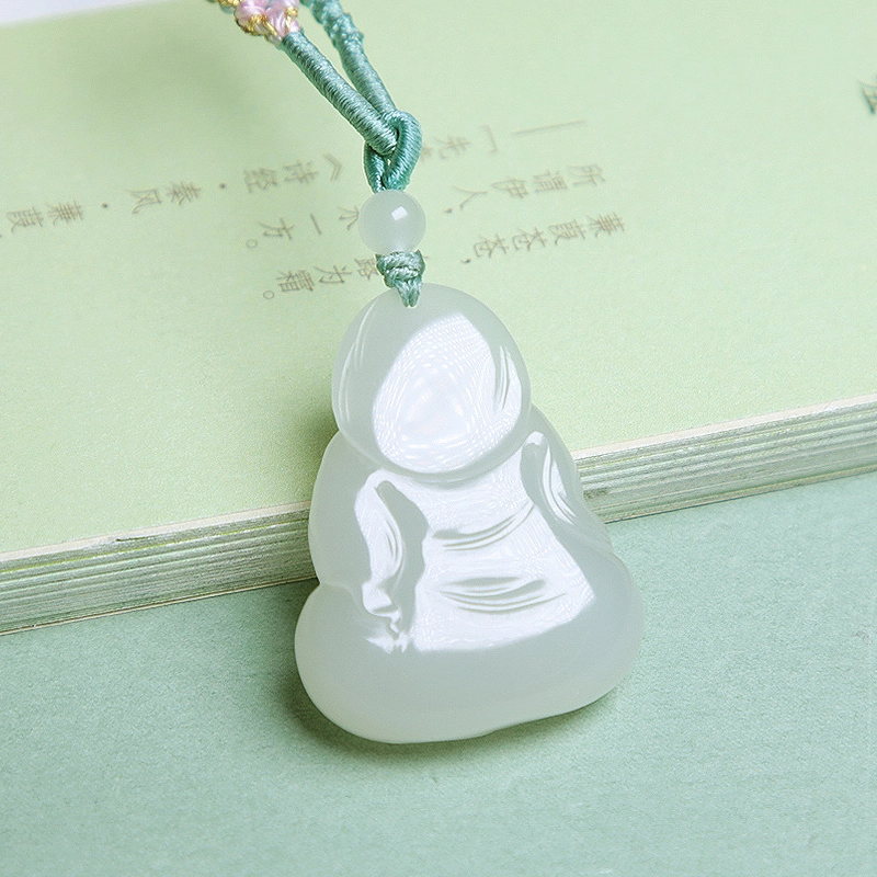 匠心琢玉 国风新潮新中式精雕双面笑佛冰底 和田玉 项链 女款 青白玉