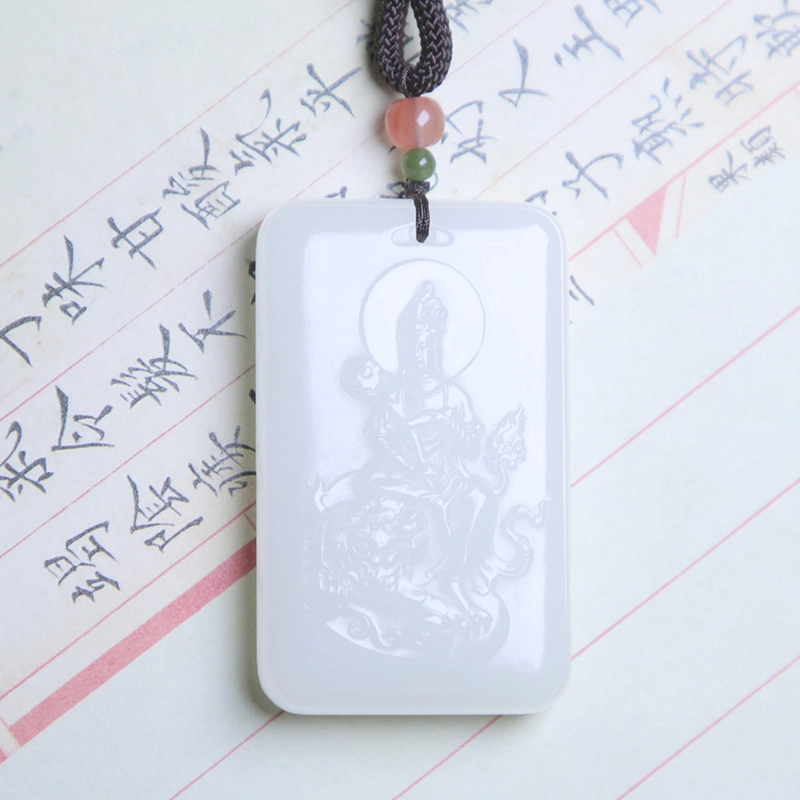 匠心琢玉 骑狮观音吊坠 文殊菩萨 国风新潮轻奢 和田玉项链 白玉 男款