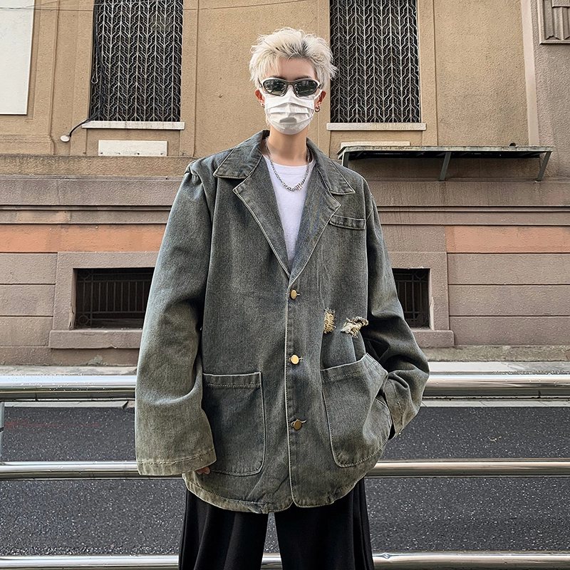 木林森 美式复古高街潮牌水洗做旧痞帅垫肩宽松西装领牛仔外套 男女同款