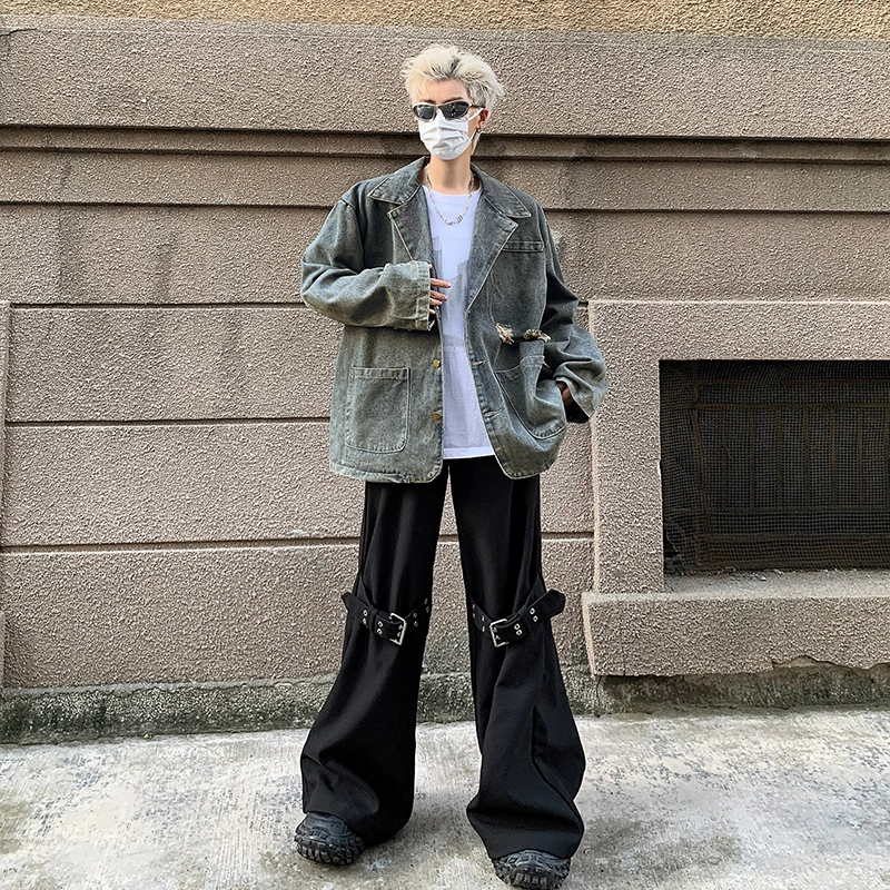 木林森 美式复古高街潮牌水洗做旧痞帅垫肩宽松西装领牛仔外套 男女同款
