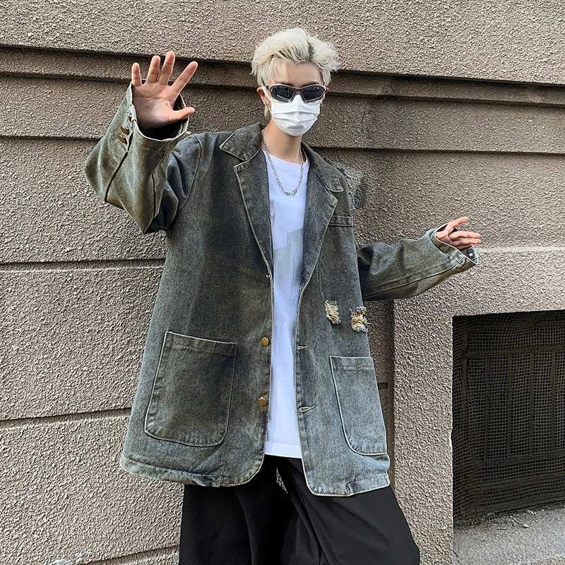木林森 美式复古高街潮牌水洗做旧痞帅垫肩宽松西装领牛仔外套 男女同款