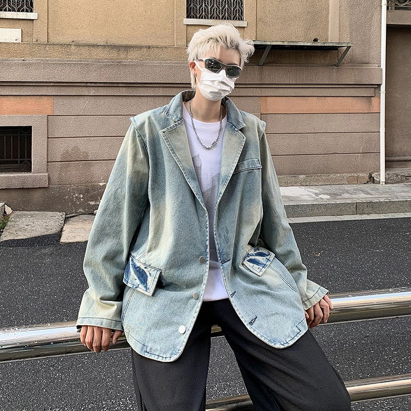 木林森 美式复古高街潮牌水洗做旧痞帅垫肩宽松西装领牛仔外套 男女同款