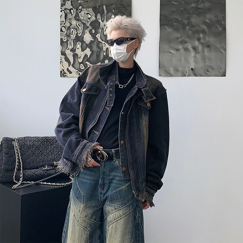 木林森 毛边渐变重水洗美式高级感垫肩立领牛仔外套 男女同款 蓝色
