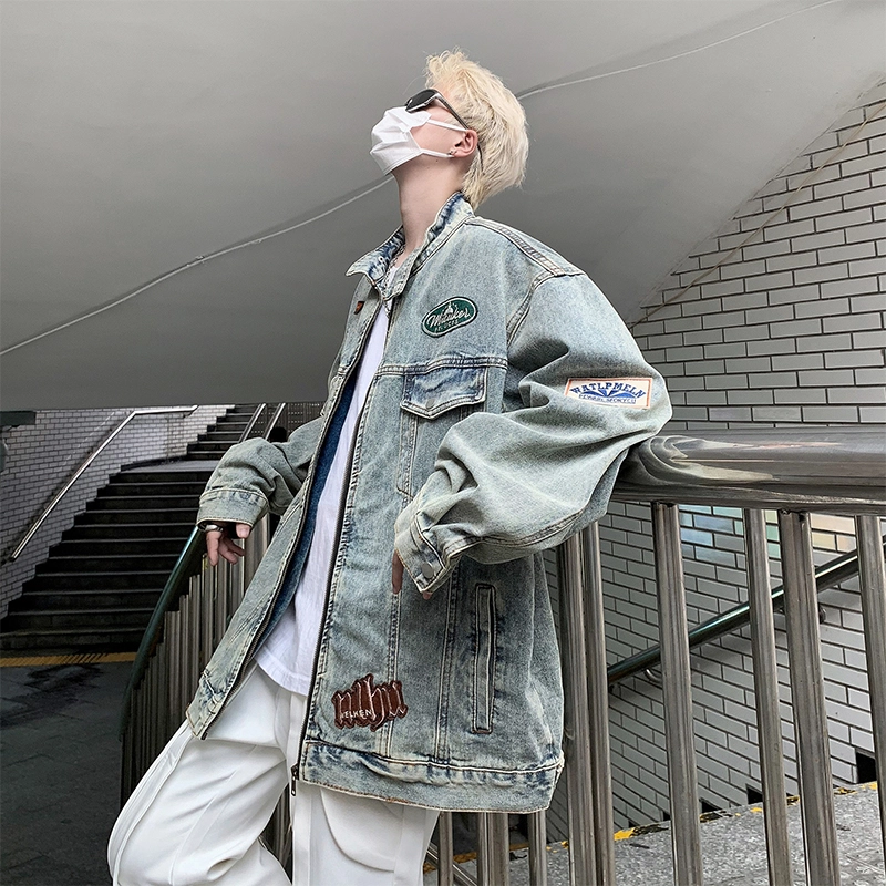 木林森 字母刺绣机车风拉链立领宽松美式高街复古做旧牛仔外套 男女同款