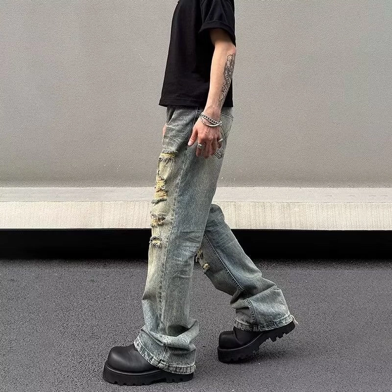 木林森 美式复古高街潮牌百搭个性褶皱设计感宽松水洗做旧时尚休闲垂感阔腿直筒破洞牛仔裤 男女同款