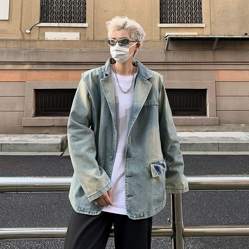 木林森 美式复古高街潮牌水洗做旧痞帅垫肩宽松西装领牛仔外套 男女同款