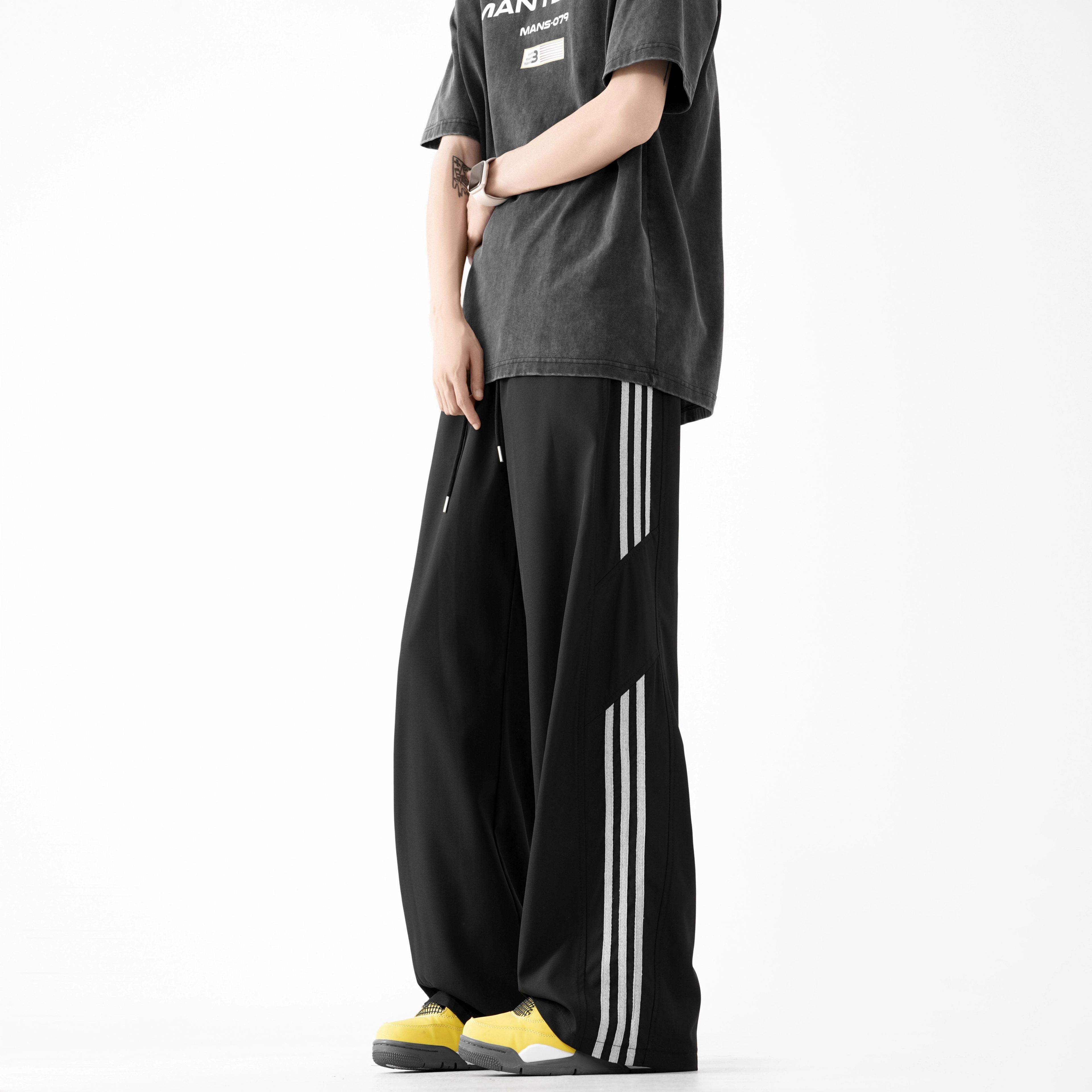 木林森 美式高街阔腿时尚潮流设计感宽松直筒简约褶皱嘻哈街头日常户外通勤个性痞帅系带抽绳百搭条纹休闲裤 男女同款