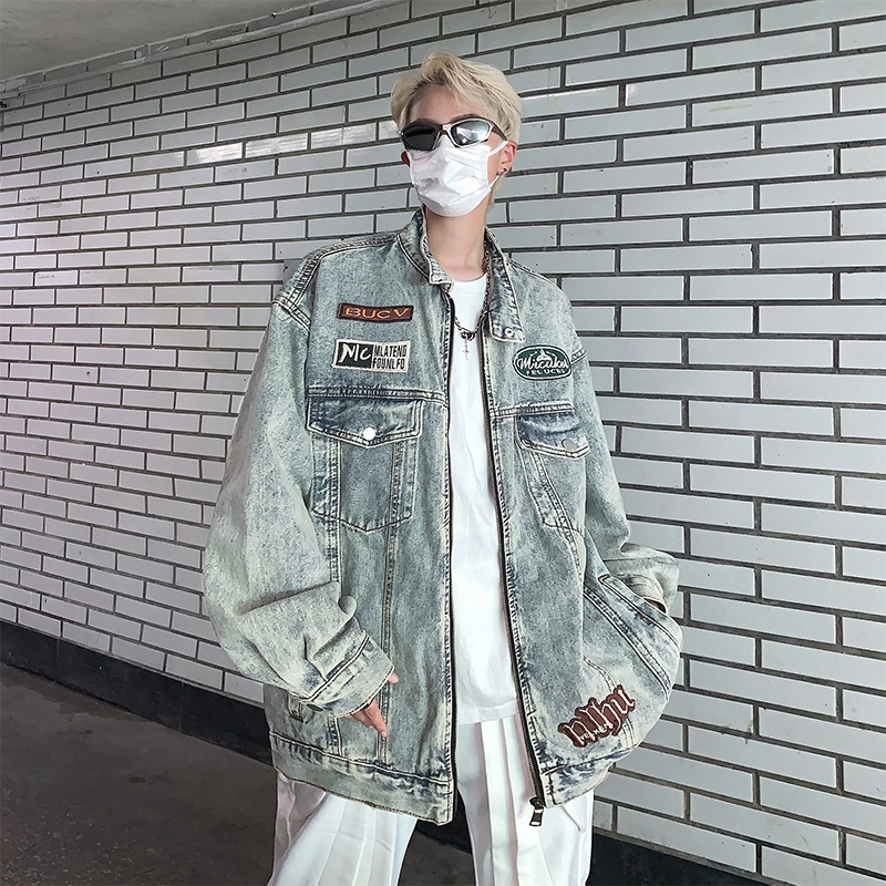 木林森 字母刺绣机车风拉链立领宽松美式高街复古做旧牛仔外套 男女同款