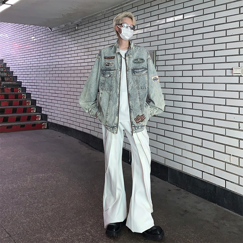 木林森 字母刺绣机车风拉链立领宽松美式高街复古做旧牛仔外套 男女同款