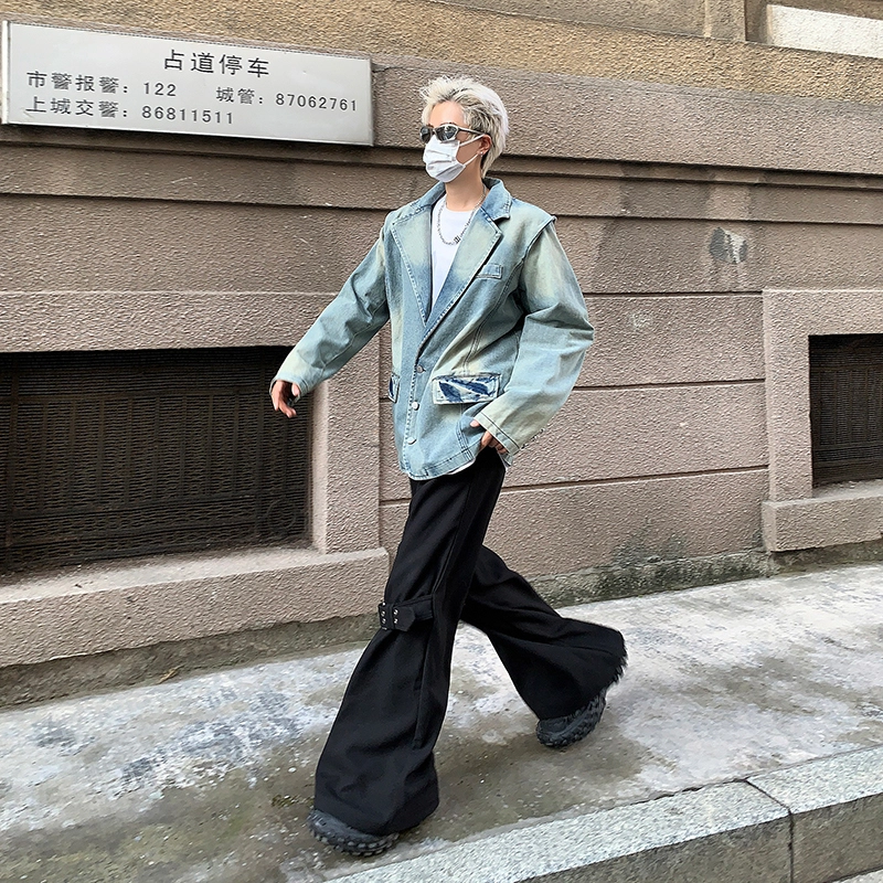 木林森 美式复古高街潮牌水洗做旧痞帅垫肩宽松西装领牛仔外套 男女同款