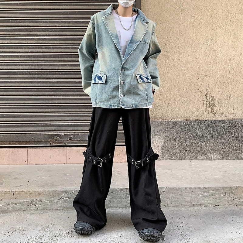 木林森 美式复古高街潮牌水洗做旧痞帅垫肩宽松西装领牛仔外套 男女同款
