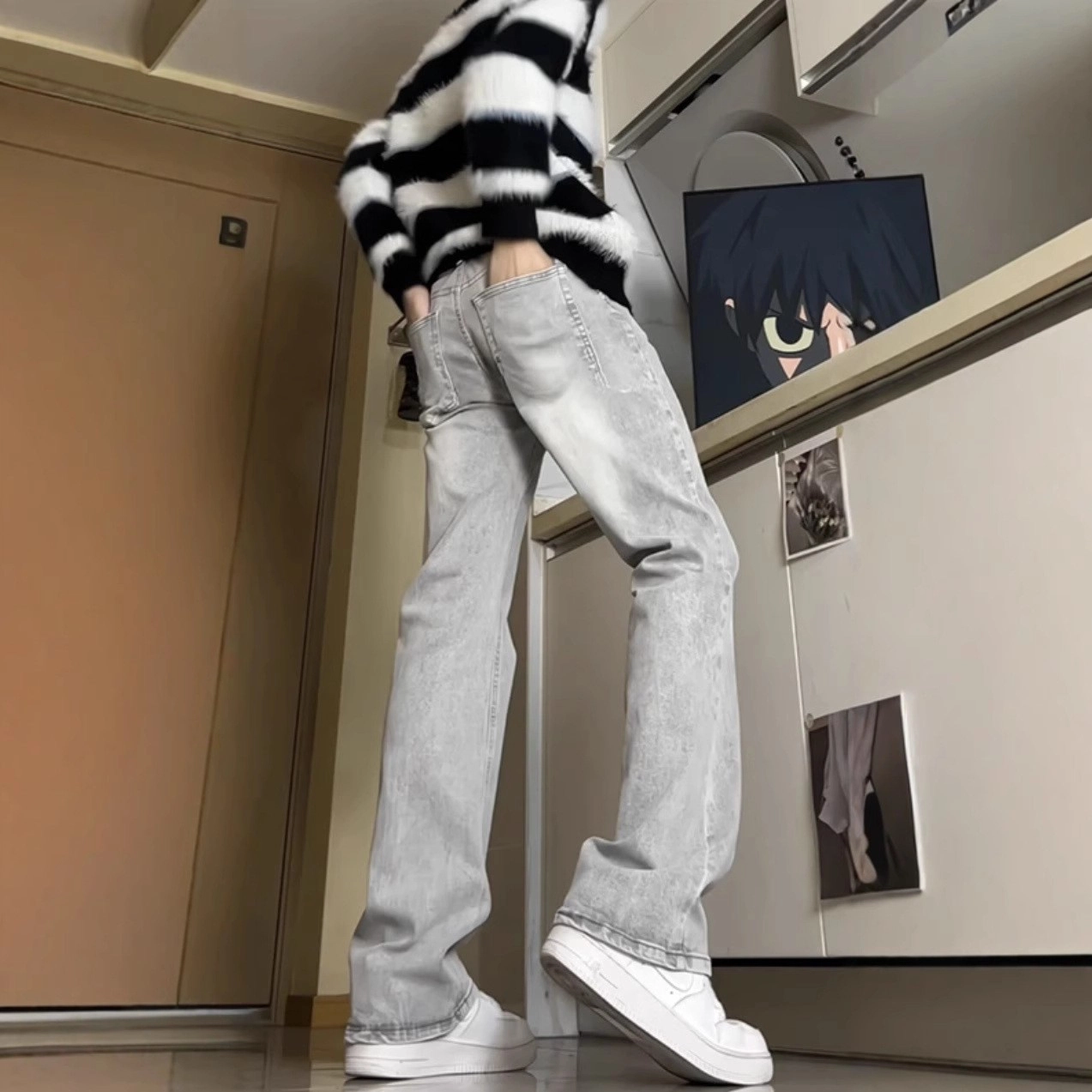 木林森 美式高街复古做旧百搭通勤舒适宽松休闲牛仔裤 男女同款