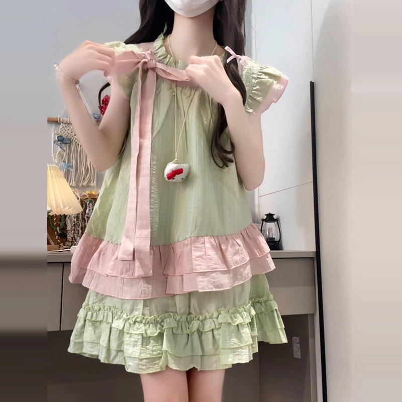 依钗 森系小众甜美风绑带蝴蝶结裙装套装 女款
