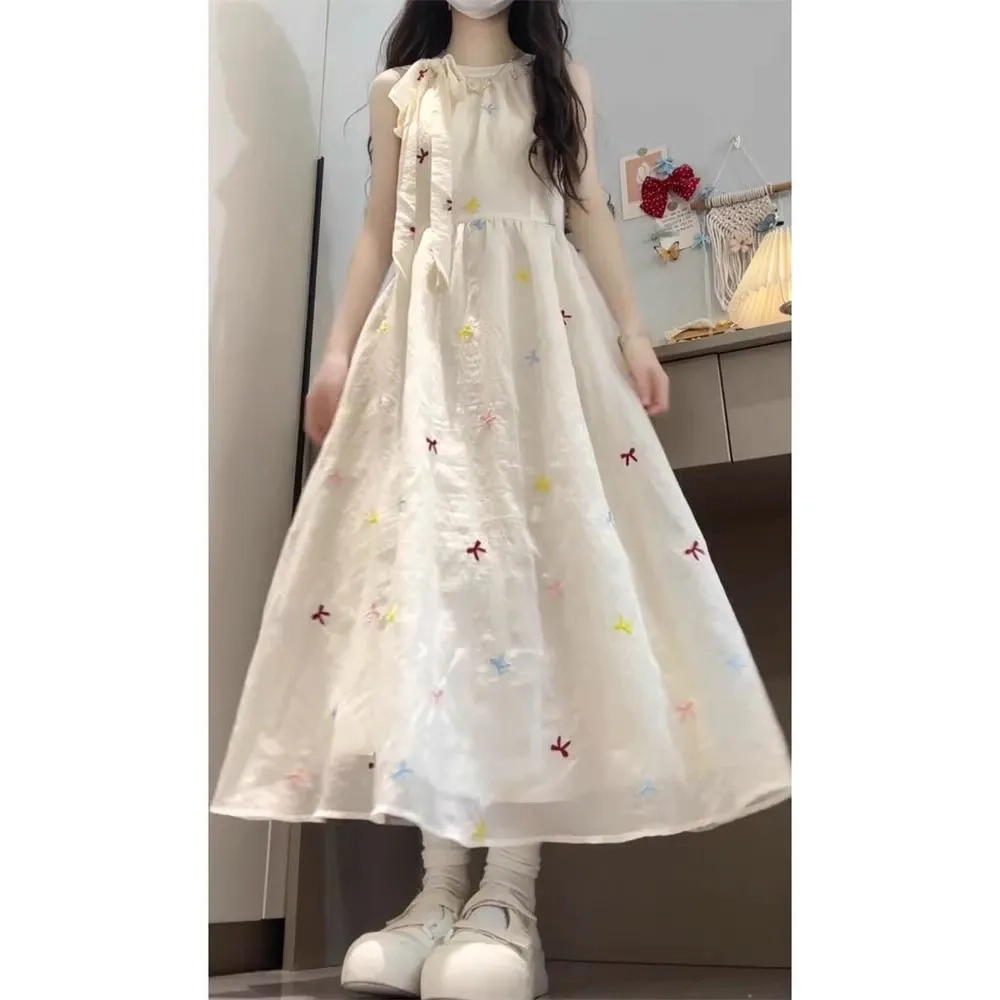 依钗 碎花法式蝴蝶结露肩收腰显瘦气质百搭无袖连衣裙 女款