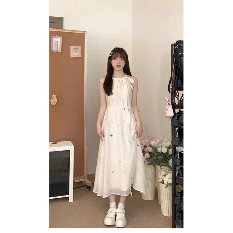 依钗 碎花法式蝴蝶结露肩收腰显瘦气质百搭无袖连衣裙 女款