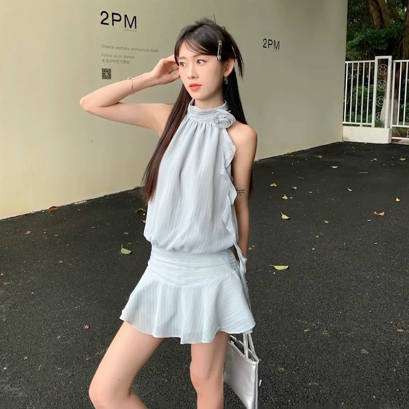 依钗 法式辣妹设计感气质条纹短款无袖连衣裙 女款