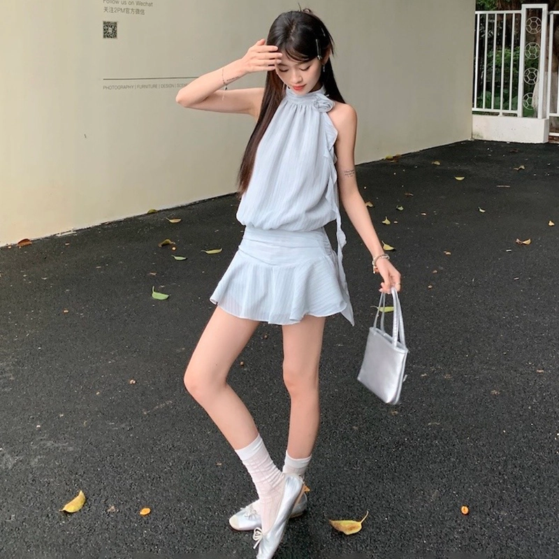 依钗 法式辣妹设计感气质条纹短款无袖连衣裙 女款