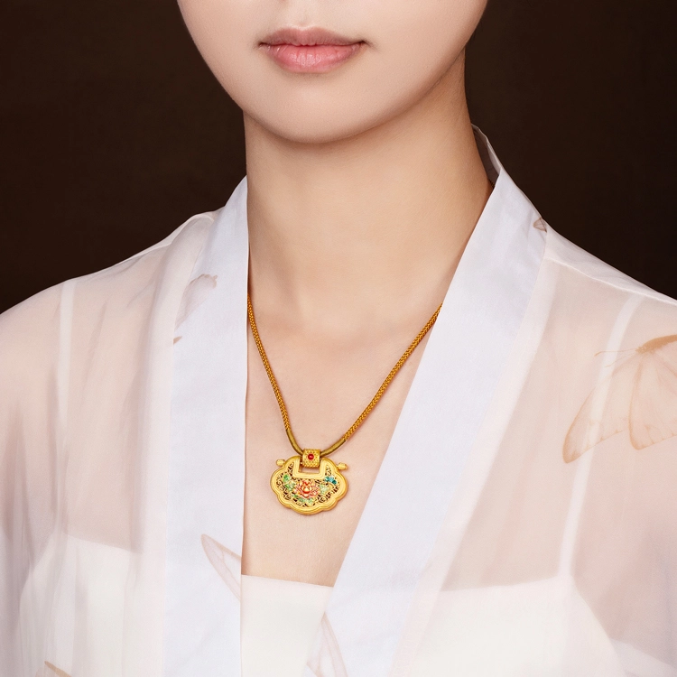 贝戈丽丝 新中式花开富贵如意锁包  宫廷风精致温婉古典优雅花卉创意设计 节日 #好运 足金 一口价 项链 女款