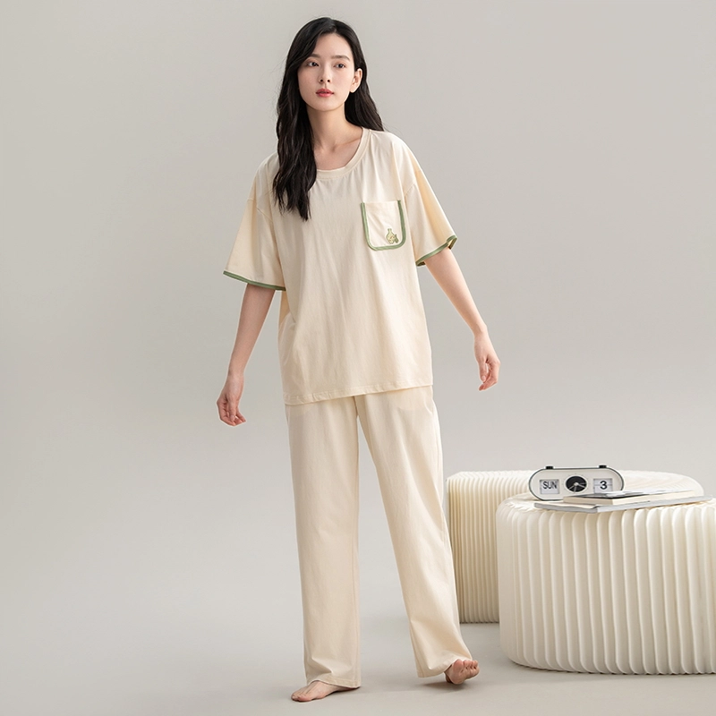 帕兰朵 全棉休闲简约短袖舒适透气亲肤长裤家居服睡衣套装 女款 米白色