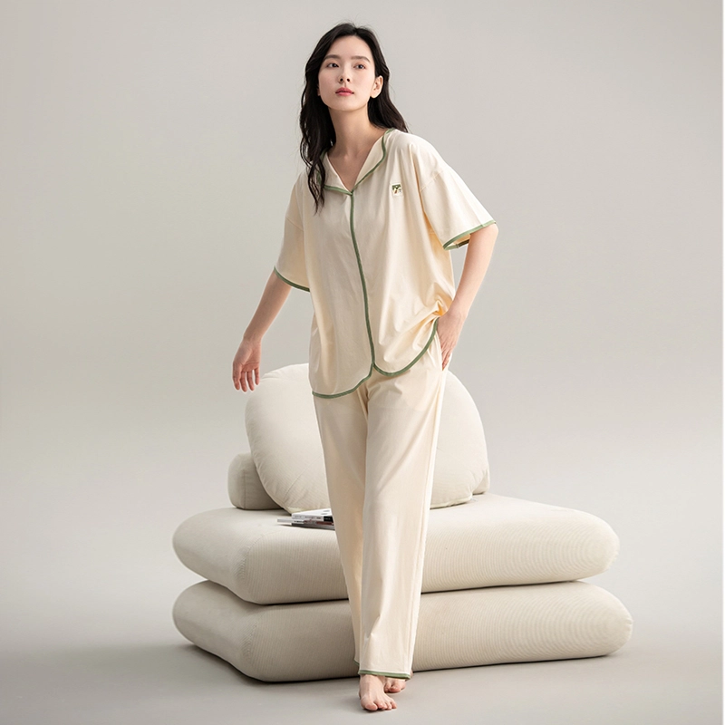 帕兰朵 夏季简约薄款休闲短袖舒适透气亲肤长裤家居服睡衣套装 女款 米白色