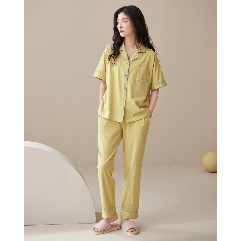 帕兰朵 简约亲肤舒适翻领短袖开衫休闲可外穿家居服长裤睡衣套装 女款 绿黄色