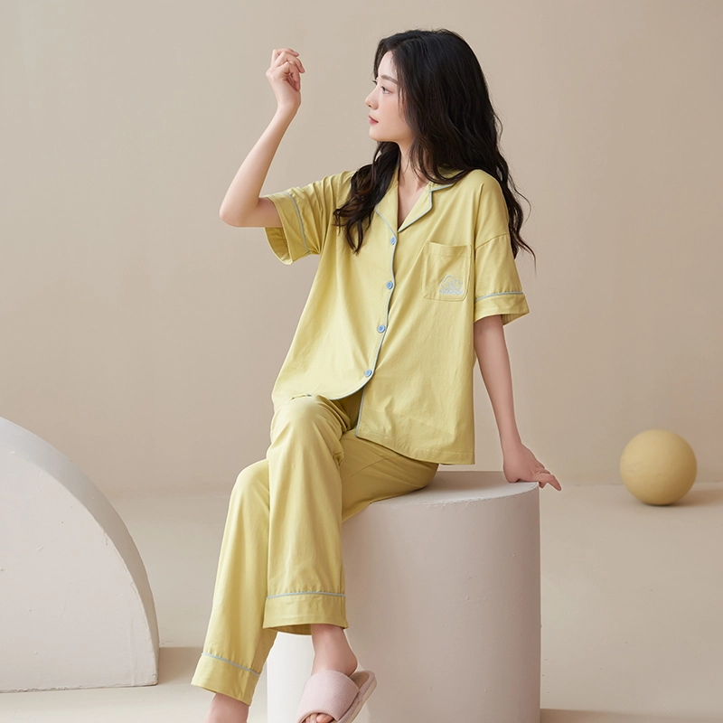 帕兰朵 简约亲肤舒适翻领短袖开衫休闲可外穿家居服长裤睡衣套装 女款 绿黄色