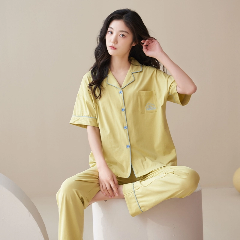 帕兰朵 简约亲肤舒适翻领短袖开衫休闲可外穿家居服长裤睡衣套装 女款 绿黄色