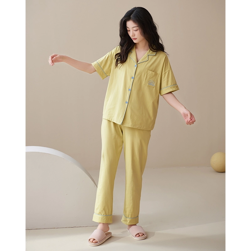 帕兰朵 简约亲肤舒适翻领短袖开衫休闲可外穿家居服长裤睡衣套装 女款 绿黄色