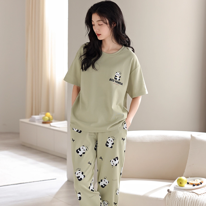 帕兰朵 简约亲肤舒适透气圆领套头短袖休闲可外穿长裤睡衣套装 女款 浅绿色