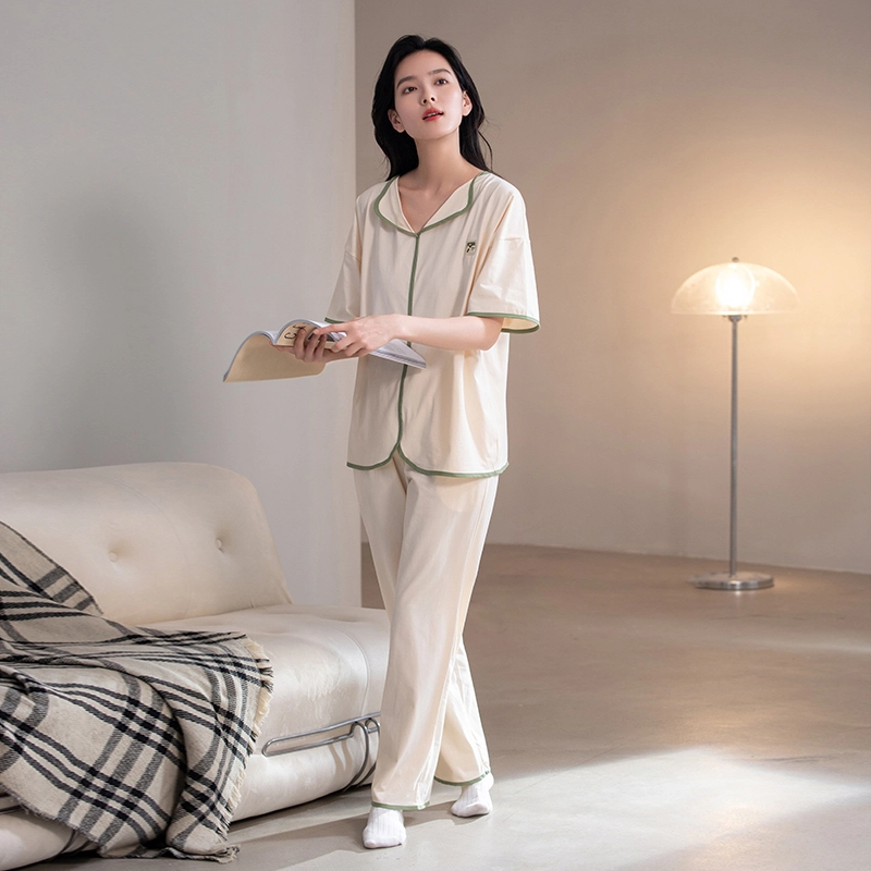 帕兰朵 夏季简约薄款休闲短袖舒适透气亲肤长裤家居服睡衣套装 女款 米白色