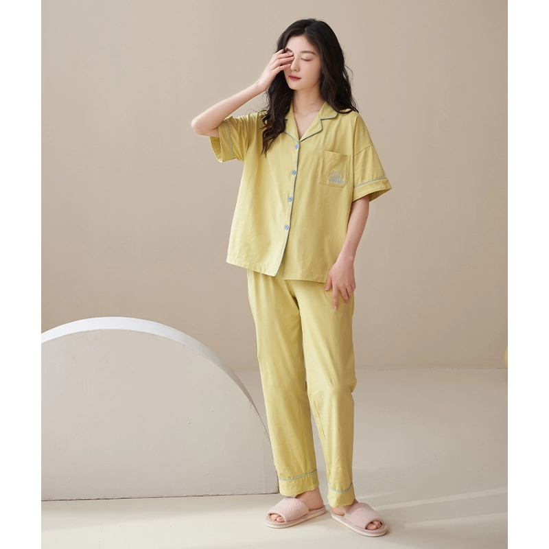 帕兰朵 简约亲肤舒适翻领短袖开衫休闲可外穿家居服长裤睡衣套装 女款 绿黄色