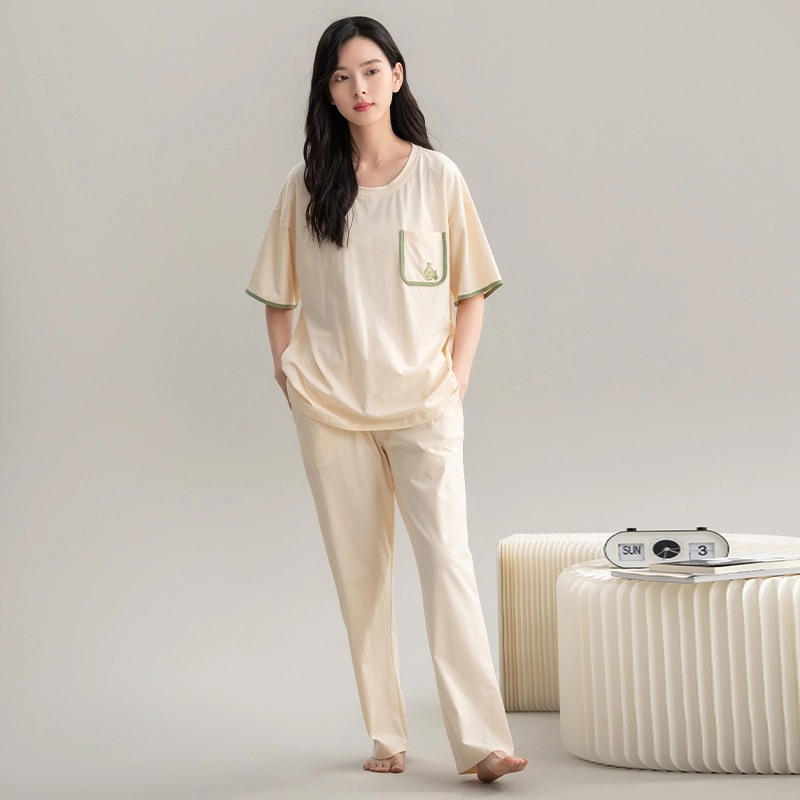 帕兰朵 全棉休闲简约短袖舒适透气亲肤长裤家居服睡衣套装 女款 米白色