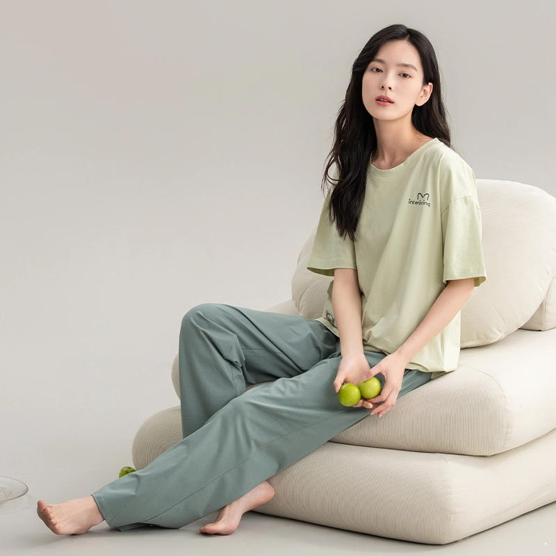 帕兰朵 夏天薄款休闲简约短袖舒适透气亲肤长裤时尚可外穿家居服睡衣套装 女款 黄绿色
