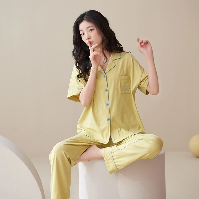 帕兰朵 简约亲肤舒适翻领短袖开衫休闲可外穿家居服长裤睡衣套装 女款 绿黄色