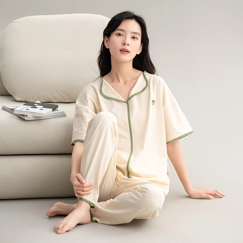 帕兰朵 夏季简约薄款休闲短袖舒适透气亲肤长裤家居服睡衣套装 女款 米白色
