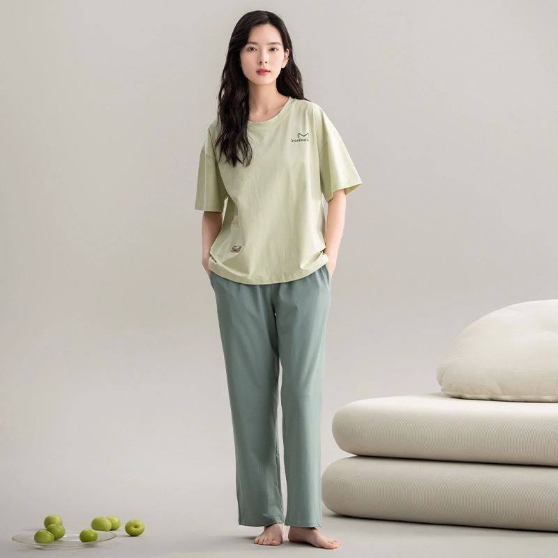 帕兰朵 夏天薄款休闲简约短袖舒适透气亲肤长裤时尚可外穿家居服睡衣套装 女款 黄绿色