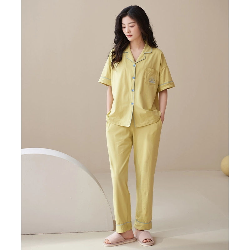 帕兰朵 简约亲肤舒适翻领短袖开衫休闲可外穿家居服长裤睡衣套装 女款 绿黄色